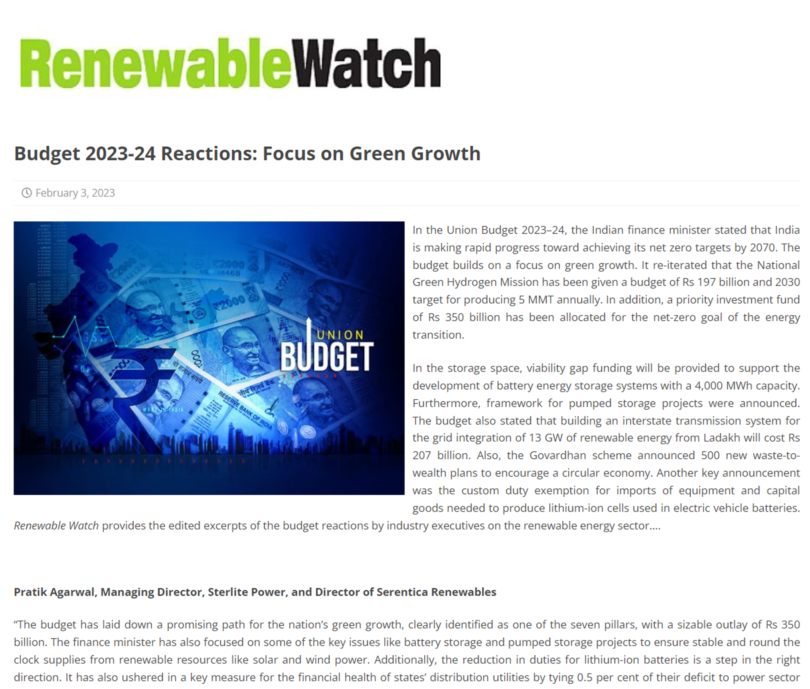 Abhishek Nath and Dr Ammu Susanna Jacob’s perspectives on the union budget announcements for green growth covered by RenewableWatch 